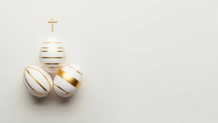 Luxury Easter concept featuring three white eggs with gold stripes and a small golden cross on a white background. Elegant religious illustration for high-end spring holiday marketing.