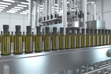 a row of olive oil bottles on a conveyor belt in a factory setting with machinery high quality professional
