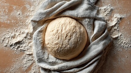 A ball of dough sits under a grey cloth. The scene occurs on a floured wooden surface, suggesting the dough is being prepared for baking bread