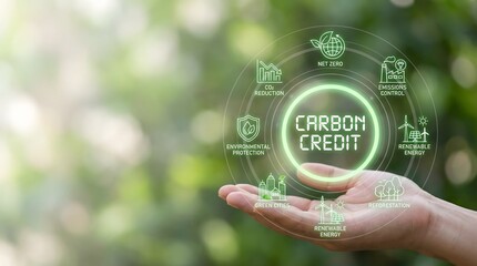 Carbon credit concept with hand holding virtual earth icons