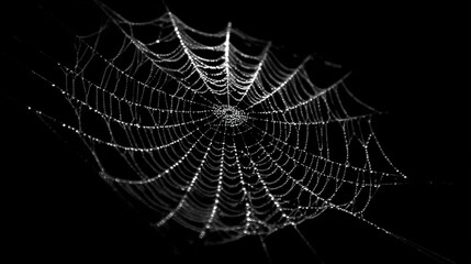 A delicate spider web, covered in tiny droplets, shines brightly against a black void. The intricate pattern of the web shows detailed geometry