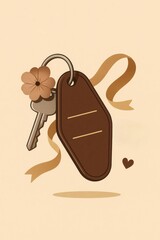 Vintage Key with Blank Tag, Ribbon, and Flower on Warm Minimal Background