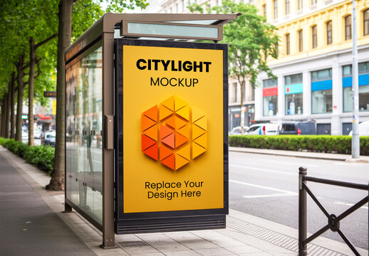 Vertical Citylight Poster Mockup in Urban Bus Stop