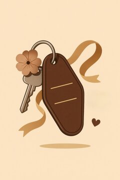 Vintage Key with Blank Tag, Ribbon, and Flower on Warm Minimal Background