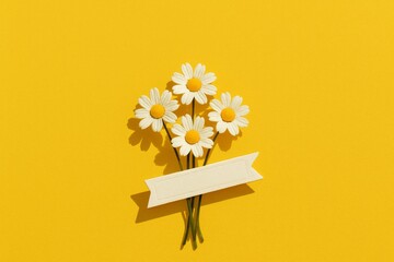 White Daisy Flower Bouquet with Blank Ribbon on Bright Yellow Background