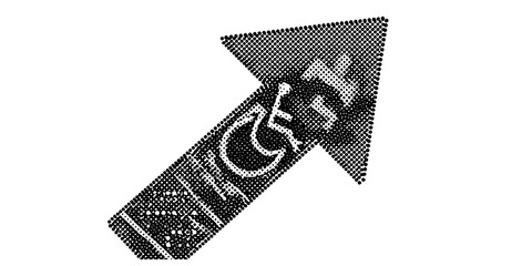 An arrow made entirely of small, uniform "braille" style dots with rounded edges.