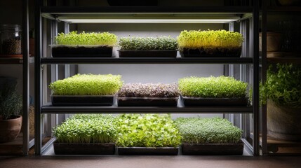 Rows of microgreens in plastic trays grow on a metal shelf under grow lights. Small-scale indoor agriculture can supply healthy food year round at home
