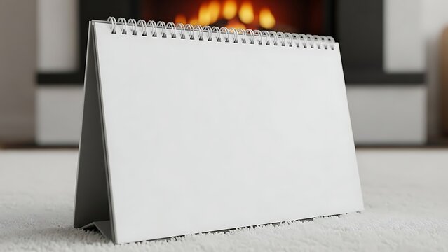 Blank Spiral Bound Desk Calendar on a Cozy Hearth with Fireplace Flames. - Powered by Adobe