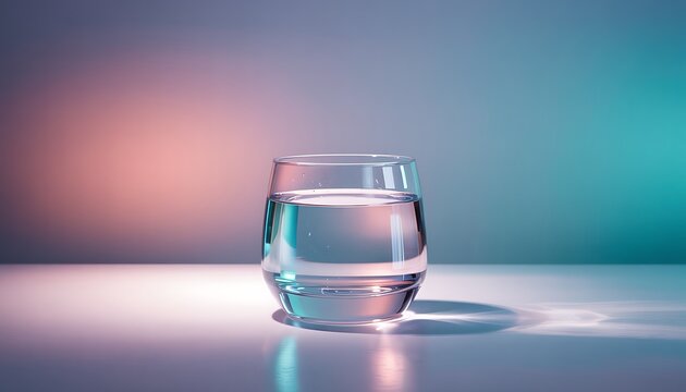 a clear glass of water sitting on a reflective surface with colorful lighting effects high quality professional detailed modern