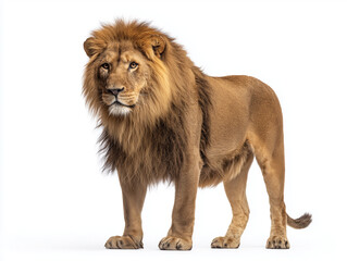 Obraz premium Majestic Male Lion Standing Isolated on White Background