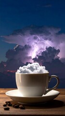 Illustration of a cup of coffee filled with clouds and lightning.