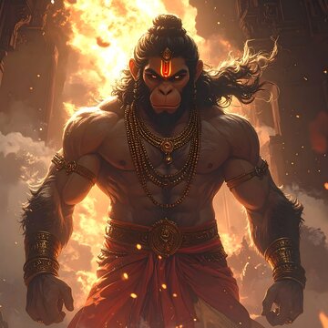 Muscular anthropomorphic figure with dark hair stands powerfully amidst a fiery backdrop and ancient structures