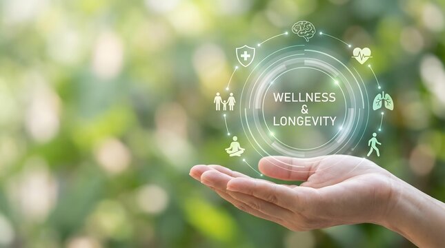Wellness and longevity concept with hand holding virtual globe