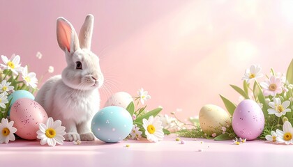 Cute white Easter bunny with colorful pastel eggs and spring flowers on a soft pink background