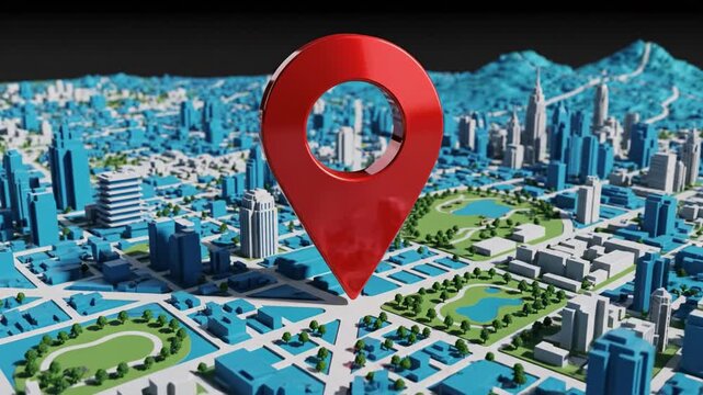 Red location marker over urban map with city blocks park lake and streets showing navigation and direction 3D city map with red location pin marking urban center and winding roads modern skyline