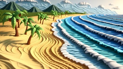 3D Papercraft Tropical Beach with Ocean Waves, Palm Trees and Mountain Landscape
