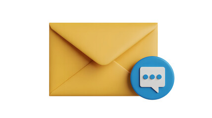 Vibrant yellow 3D envelope with a prominent blue circular message notification icon featuring a white speech bubble and three dots against a clean bla
