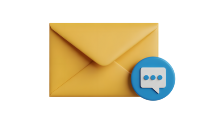 Vibrant yellow 3D envelope with a prominent blue circular message notification icon featuring a white speech bubble and three dots against a clean bla
