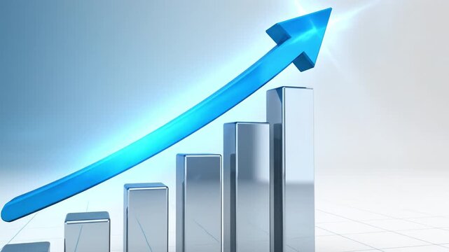 Silver bar chart with rising blue arrow showing upward growth and optimistic financial progress modern minimal setting growing silver bar chart with upward blue arrow showing business growth