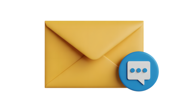 Vibrant yellow 3D envelope with a prominent blue circular message notification icon featuring a white speech bubble and three dots against a clean bla - Powered by Adobe