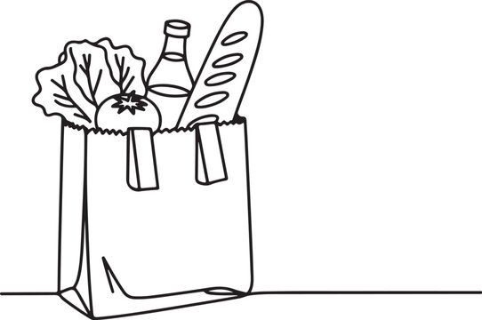 Minimalist One Line Grocery Bag Illustration with Fresh Produce and Baguette