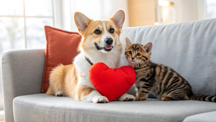 Corgi and tabby kitten sit on gray couch with heart pillow