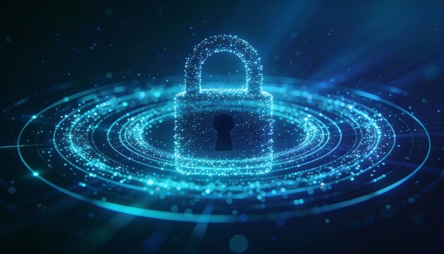 Digital padlock made of glowing particles on holographic interface representing cyber security encryption data protection and secure network access