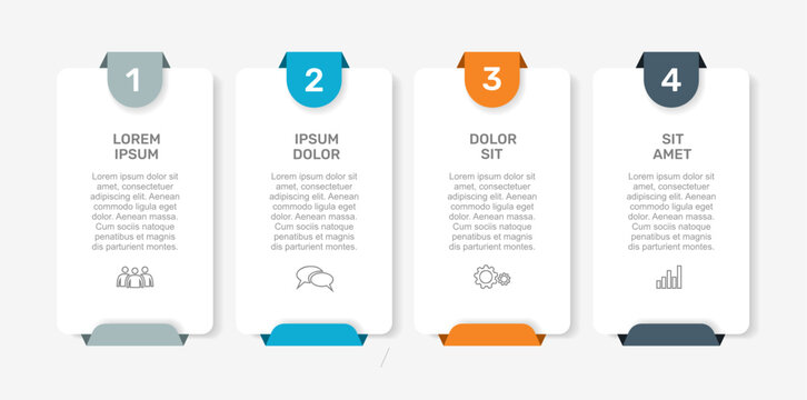 Infographic with icons, headings, and text blocks in colorful layered design for business, presentation, or data visualization. Vector illustration.