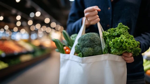 10Hands holding a slightly stretched plastic grocery bag containing fresh organic produce, earthy colors and natural textures emphasized, bright supermarket interior with minimal dis
