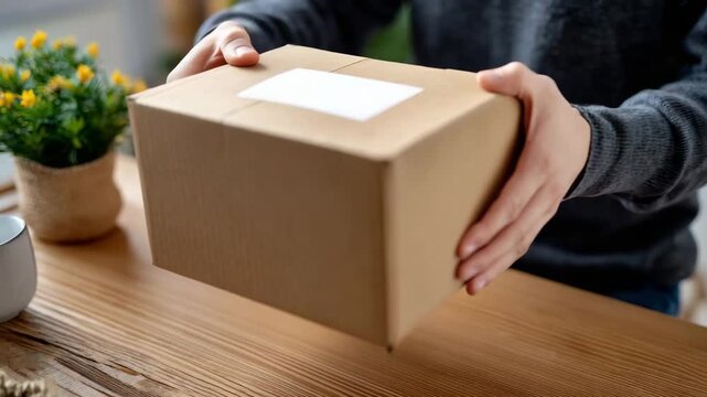 13Macro view of a matte cardboard box with blank label, detailed textures visible, hands placing it on a neutral tabletop, blurred background, product mockup, sustainable packaging,