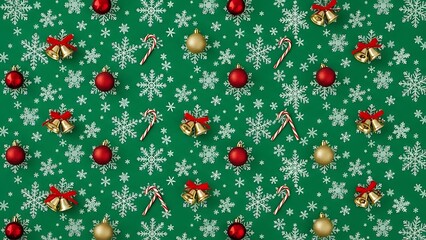 A festive green background with christmas ornaments, jingle bells, candy canes, and snowflakes in a repeating pattern