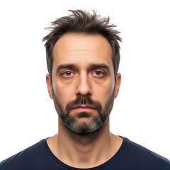 Obraz premium Tired Caucasian Man with Dark Circles Under Eyes on White Background