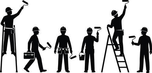 Obraz premium Painter worker silhouettes set using rollers ladders and buckets isolated on white background house renovation and maintenance vector illustration