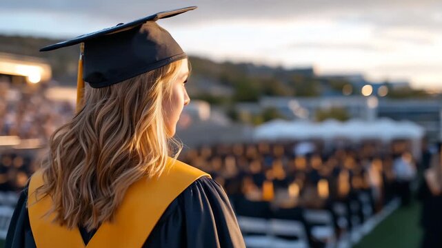 28Graduate walking across ceremony grounds, academic gown and cap in focus, blurred procession of students behind, warm golden-hour lighting emphasizing accomplishment