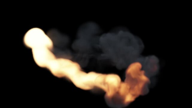 Abstract 3D animation. Unfocussed bright flowing fire jet swirling and flowing over the black background, leaving trail of gray smoke, eventually disappearing. Fantastic morphing effect