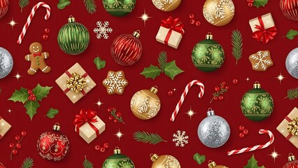 Festive christmas seamless pattern with ornaments, gingerbread, and candy canes
