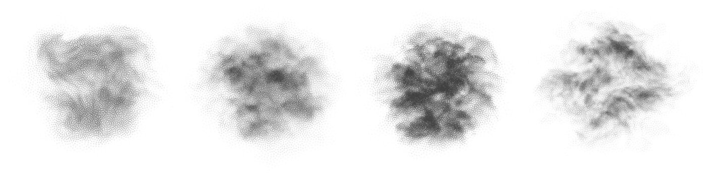 Stipple dot fog cloud set on white background. Smoke grain texture