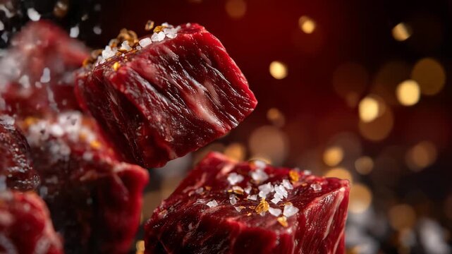 40Close-up culinary concept of raw beef cubes, vivid red hues and moist texture visible, salt dusting the surface, one cube hovering mid air as if tossed by an unseen hand, shallow d