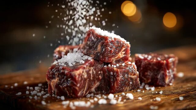 39Rustic-style food image showing raw beef cubes on a wooden table, coarse salt sprinkled around, cubes stacked casually with one cube frozen mid air, warm directional lighting addin