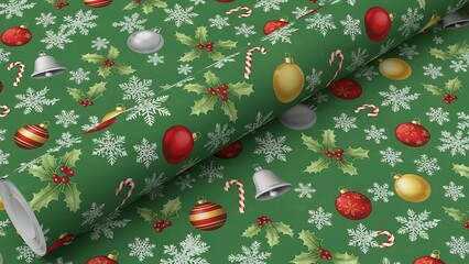 A festive green wrapping paper design featuring classic christmas ornaments, snowflakes, and holly sprigs