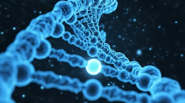 Blue glowing DNA strand closeup with illuminated nucleotide sphere conveying molecular structure and scientific discovery futuristic laboratory atmosphere . Blue glowing DNA double helix strand dark