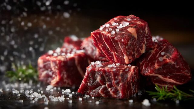 45Raw beef cubes with pronounced marbling arranged for a dramatic shot, salt crystals scattered and glinting, stacked cubes anchoring the scene while one cube floats mid air, profess