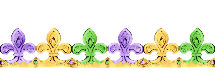 Golden paper Fleur-de-lis border in gold, purple and green, isolated on white or transparent...
