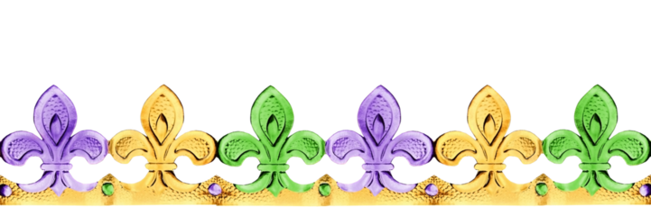 Golden paper Fleur-de-lis border in gold, purple and green, isolated on white or transparent background, Mardi Gras celebration header, png cut out