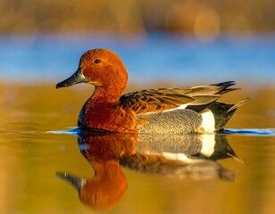 Male duck floating on water, reflected with warm tones and blurred background in daylight