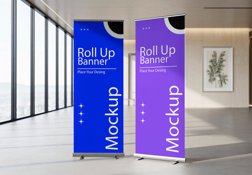 Dual Roll Up Banner Mockup in Modern Office Interior