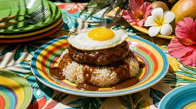 Hawaiian loco moco plate with sunny side up egg and rich gravy on rice islands food lunch loco moco.