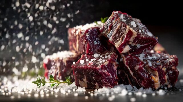 49Modern culinary still life of raw beef cubes, stacked pieces creating structure, salt scattered in a natural pattern, one cube floating mid air to suggest motion, dark background w