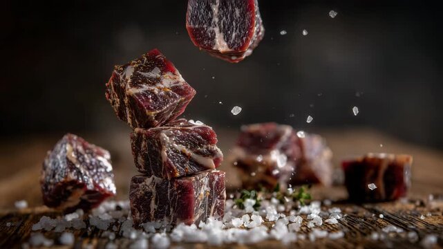 54Artistic food composition of raw beef cubes, stacked cubes forming depth on a textured surface, coarse salt framing the scene, a single cube suspended mid air with crisp detail, mi