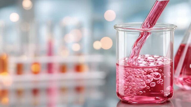 55Focused close-up of a nutrition laboratory experiment, transparent chemical being poured into a beaker of pink liquid, creating an active bubbly reaction, glassware reflections and